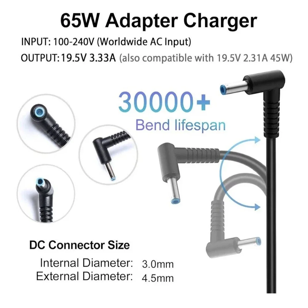 Replacement 65W 19.5V Laptop Charger AC Adapter for HP Pavilion 14, 15 Series